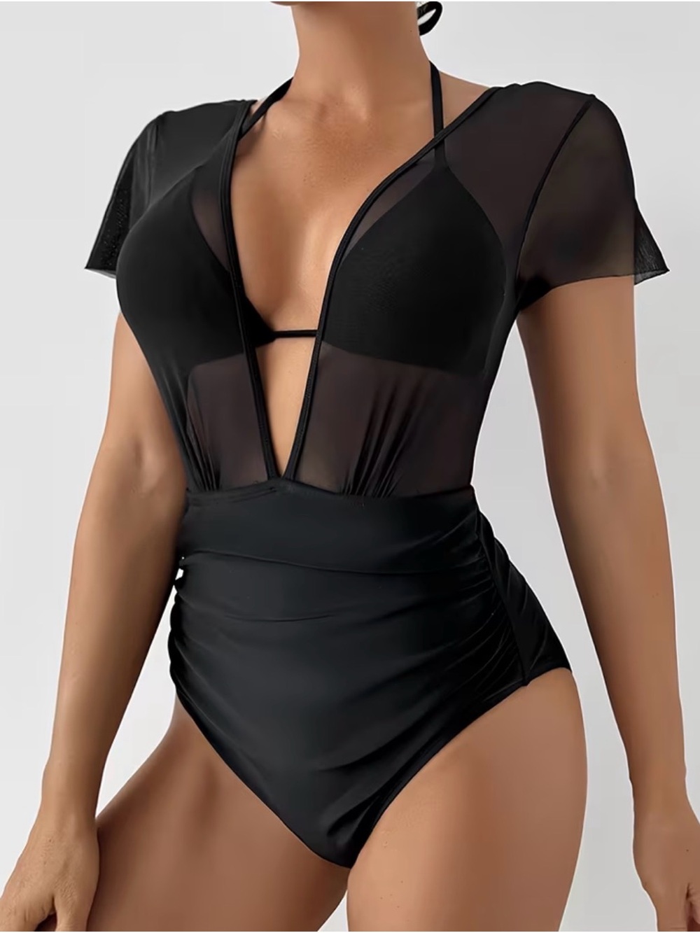 Black Sheer Plunge One-Piece Swimsuit new comes with crochet cover-up pants